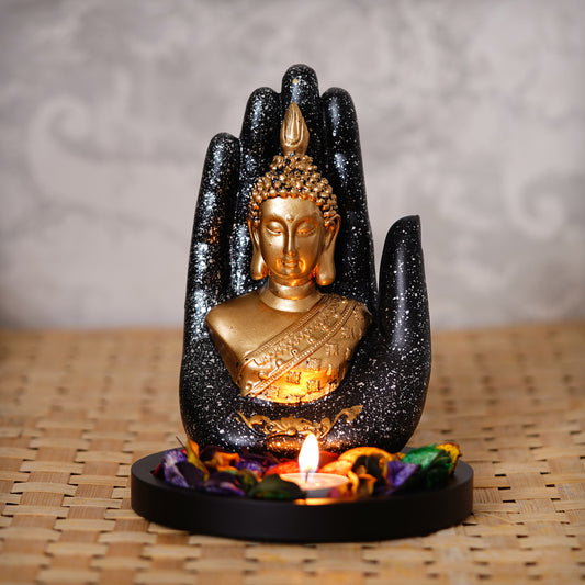 Golden Silver Handcrafted Palm Buddha with Wooden Base, Fragranced Petals and Tealight